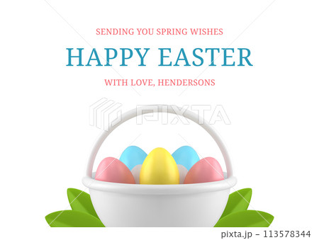 Happy Easter eggs basket spring green leaves 3d greeting card design template realistic vector 113578344