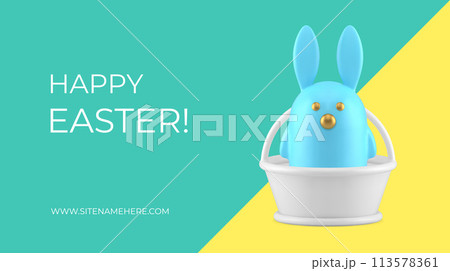 Easter bunny in basket happy holiday congratulations 3d banner design template realistic vector illustration Easter bunny in basket happy holiday congratulations 3d banner design template realistic vector illustration 113578361