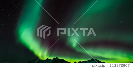 Aurora australis or Aurora borealis or Green northern lights sky above mountains. Night sky with polar lights. Night winter landscape with southern lights aurora against Real Natural black background. Aurora australis or Aurora borealis or Green northern lights sky above mountains. Night sky with polar lights. Night winter landscape with southern lights aurora against Real Natural black background. 113578907