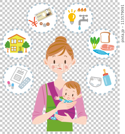 赤ちゃんを抱っこするママ　お金のことを考える主婦　家計　節約　生活費	 113579091