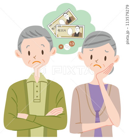 お金に困る老夫婦　高齢者　老後資金 113579279