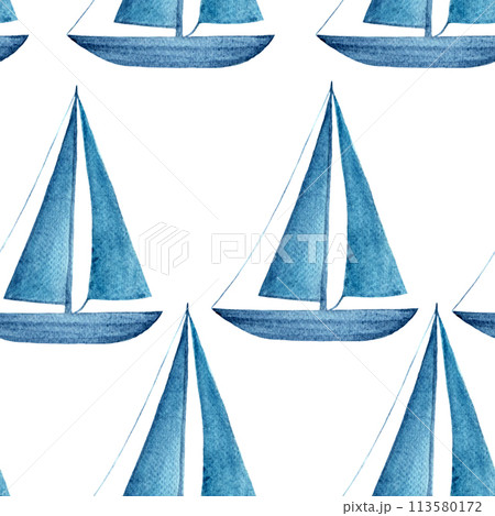 Sailboat seamless pattern hand drawn in watercolor isolated on white. High quality blue monochromatic illustration for wrapping paper, textile, wallpaper, notebooks, souvenirs, room decor Sailboat seamless pattern hand drawn in watercolor isolated on white. High quality blue monochromatic illustration for wrapping paper, textile, wallpaper, notebooks, souvenirs, room decor 113580172