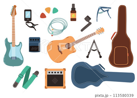 Electric guitar, acoustic guitar and accessories. Big set - capo, case, belt, picks, strings. Vector illustrations in flat style. Electric guitar, acoustic guitar and accessories. Big set - capo, case, belt, picks, strings. Vector illustrations in flat style. 113580339