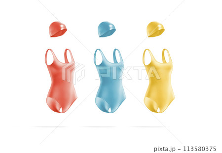 Blank colored one-piece swimsuit with swim cap mockup, side view Blank colored one-piece swimsuit with swim cap mockup, side view 113580375