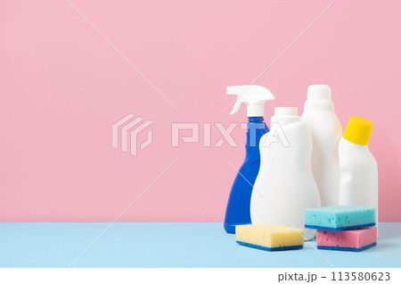 House cleaning product on blue pink bg, copy space House cleaning product on blue pink bg, copy space 113580623