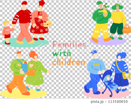 彩色手繪平面插圖集有小孩的家庭 113580650