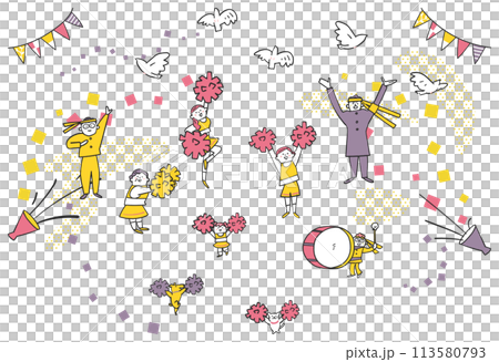 ポンポンを振って応援する応援団とチアリーディング　イラスト素材 113580793