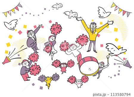 ポンポンを振って応援する人々　やや俯瞰図　イラスト素材 113580794