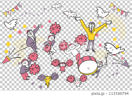 ポンポンを振って応援する人々　やや俯瞰図　イラスト素材 113580794
