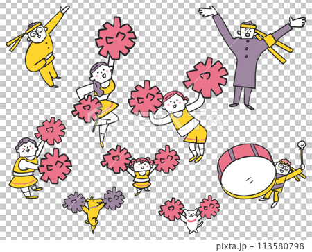啦啦隊和啦啦隊揮舞著絨球，略微俯視，插圖素材 113580798