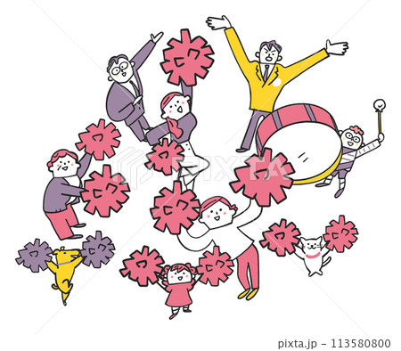 ポンポンを振って応援する人々　やや俯瞰図　イラスト素材 113580800