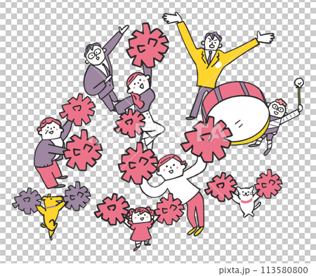 人們揮舞著絨球歡呼，略為俯視，插畫素材 113580800