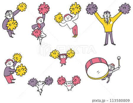 ポンポンを持って応援する人々　やや俯瞰図　イラスト素材	 113580809