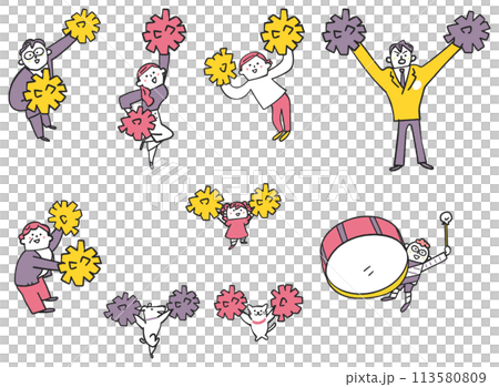 ポンポンを持って応援する人々　やや俯瞰図　イラスト素材	 113580809