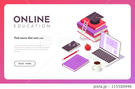 Online education isometric concept. Distance learning, online courses, web education, study from home. Vector isolated illustration Online education isometric concept. Distance learning, online courses, web education, study from home. Vector isolated illustration 113580946