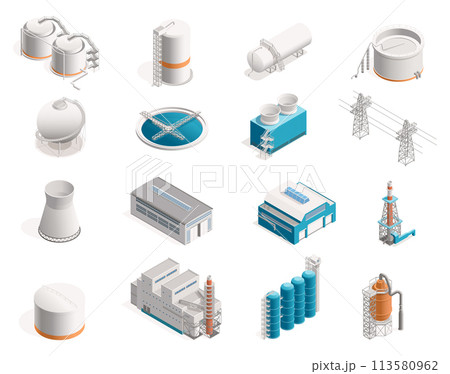 Isometric factories. Industrial buildings with production and warehouse, industrial estate with oil refinery and mill. Vector set 113580962
