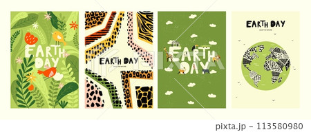 Earth day poster. Minimalistic flyer with earth globe and leaf, save earth concept. Vector 22 april banner for global environmental protection 113580980