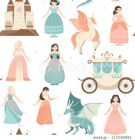 Childish princess pattern. Cute fairy tale seamless print with princess castle, carriage, unicorn, crown and magic wand. Vector texture Childish princess pattern. Cute fairy tale seamless print with princess castle, carriage, unicorn, crown and magic wand. Vector texture 113580992