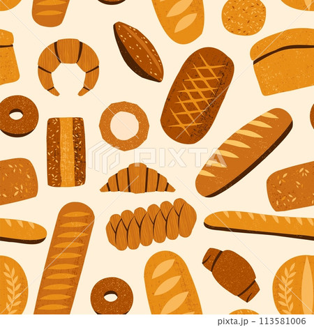 Bread pattern. Seamless print of bakery products with baguettes croissants bagels pretzels, cartoon fresh baked food. Vector texture Bread pattern. Seamless print of bakery products with baguettes croissants bagels pretzels, cartoon fresh baked food. Vector texture 113581006