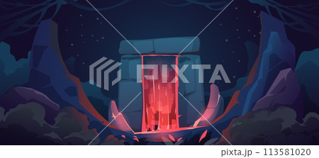Cartoon magic portal background. Fantasy entrance arch with neon light effect, magic gate with star and lightning, mystic alien landscape. Vector illustration 113581020