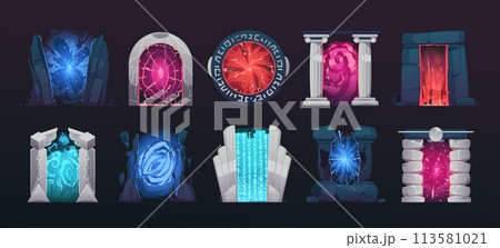 Cartoon game portal. Magic vortex tunnel archway frame, fantasy fairy entrance and exit way, fantasy adventure game asset. Vector isolated set 113581021