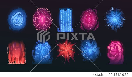 Portal cartoon effects. Magic gate teleportation, fantasy vortex and door frame, fantastic multiverse elements. Vector isolated set 113581022
