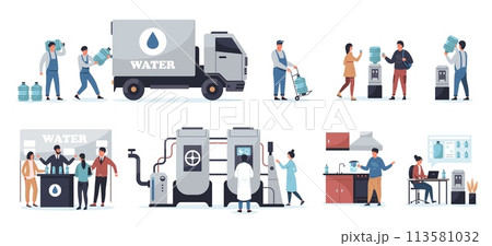 Water delivery service. Cartoon man with plastic bottle, van and truck with barrels, aqua distribution and transportation concept. Vector set Water delivery service. Cartoon man with plastic bottle, van and truck with barrels, aqua distribution and transportation concept. Vector set 113581032