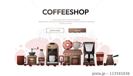 Coffee webpage concept. Modern web banner with coffee shop cafe elements, website template with coffee cup and grinder. Vector illustration 113581036