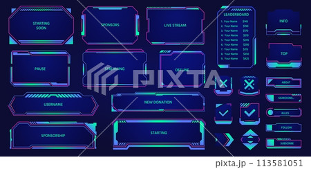 Game stream hud overlay. Futuristic cyber broadcast layout elements, digital streaming panel with webcam frame and chat bar. Vector UI set 113581051
