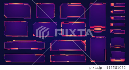 Game streaming interface. Overlay for live streamer broadcast, cyber gaming panel with lower third, game score and webcam view. Vector template 113581052