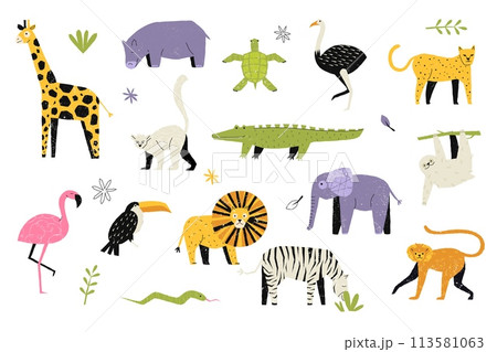 Childish trendy animals. Abstract naive geometric shapes of kids, cute funny baby zebra hippo lion giraffe tiger silhouette icons. Vector isolated set 113581063