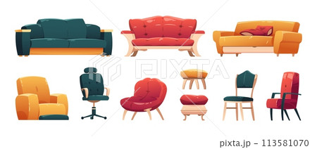 Trendy sofas chairs armchairs. Cartoon comfortable furniture for living room interior, modern couch and armchair with pillows. Vector isolated set 113581070