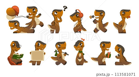 Cartoon dinosaur character. Cute funny green reptile with different emotions, happy smiling dragon with open mouth and closed eyes. Vector isolated set 113581071