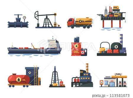 Oil refining industry. Cartoon oil refinery plant with oil barrels and pipeline, tanker truck and tanker ship, oil production concept. Vector collection 113581073