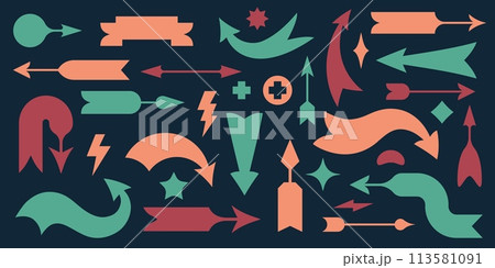 Retro arrow banners. Black vintage pointer frames with different direction signs, simple navigation symbols for web design. Vector collection Retro arrow banners. Black vintage pointer frames with different direction signs, simple navigation symbols for web design. Vector collection 113581091