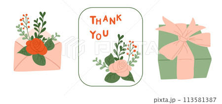 Celebrating flat set with card, gift and envelope. Floral holiday party concept. Flat colored floral elements and compositions for greeting card. Modern concept in pastel colors 113581387