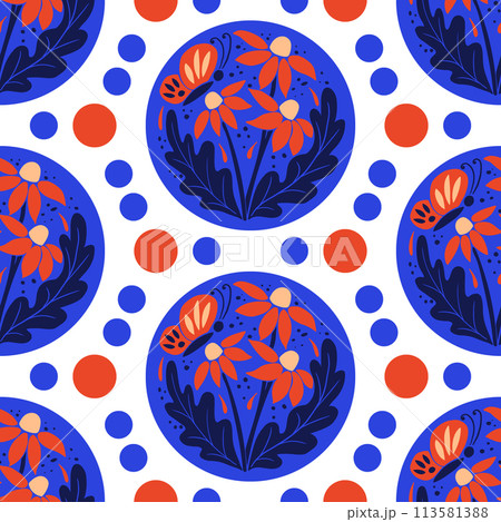 Abstract floral pattern with round illustration on white background. Flat hand drawn cut out flowers, leaves in bright colors. Unique retro print design for textile, wallpaper, interior, wrapping 113581388