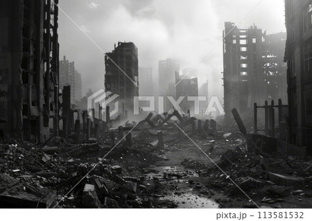 apocalyptic image of a city destroyed by missile and bomb attacks in a war 113581532