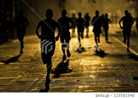 Marathon runners running on city road, large group of runners 113581540