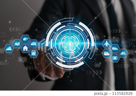 Businessman Hand and Finger Touch Blue UI HUD Logistics Icon Businessman Hand and Finger Touch Blue UI HUD Logistics Icon 113582026