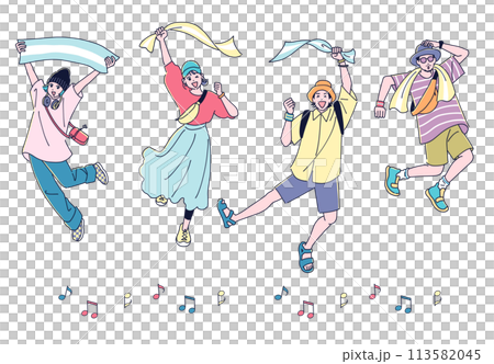 タオルを振り回してジャンプする男女4人 タオルを振り回してジャンプする男女4人 113582045