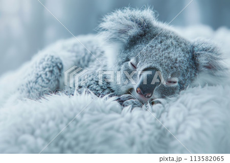 A plush koala toy peacefully sleeping on a fluffy surface A plush koala toy peacefully sleeping on a fluffy surface 113582065