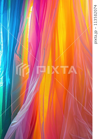 Cascading waves of neon fabric in vivid orange, pink, and blue 113582074