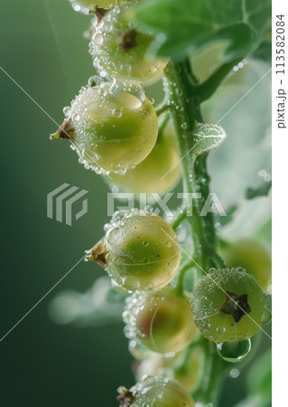 Close-up of green currants delicately adorned with morning dew 113582084