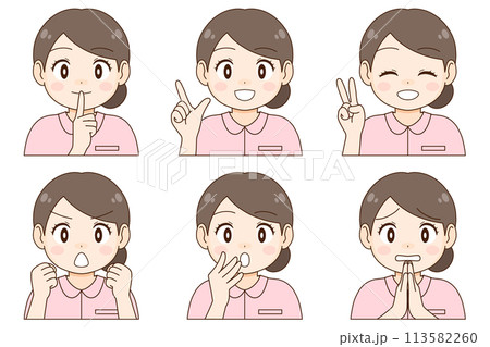 若い女性看護師(または介護士)の6種類の表情とポーズのセット 113582260