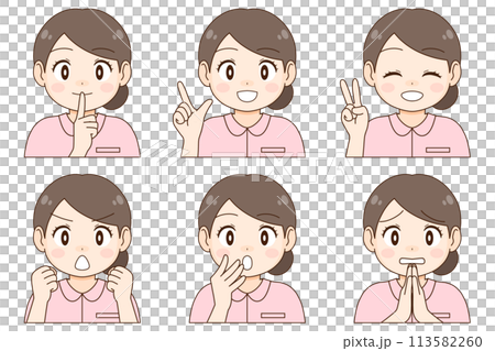 若い女性看護師(または介護士)の6種類の表情とポーズのセット 113582260