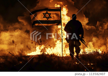 Silhouette of armed soldier against with Israel small flag on burning dark background. Concept of crisis of war and political conflicts between nations Silhouette of armed soldier against with Israel small flag on burning dark background. Concept of crisis of war and political conflicts between nations 113582407