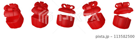 3d gift boxes set with red ribbon bow isolated on a white background. 3d render flying modern holiday closed surprise box. 113582500