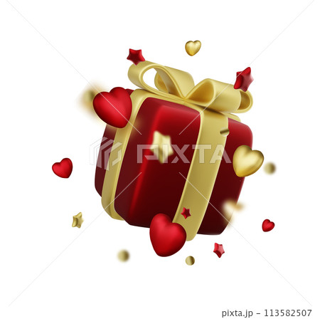 Valentine's day design. Realistic gifts boxes. Open gift box full of decorative festive object. Holiday banner, web poster, flyer, stylish brochure, greeting card, cover. Romantic background 113582507