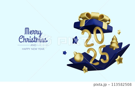 Christmas and New Year design. Realistic gift boxes. Open a gift box full of decorative holiday item. Holiday banner, web poster, flyer, stylish brochure, greeting card, cover. Christmas background 113582508